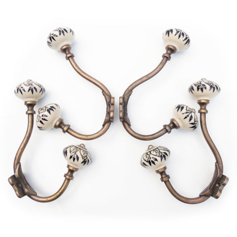 Set of 4 - Vintage Antique Brass Painted Cast Iron Double Wall Hooks