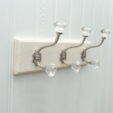 A Vintage Style Wooden Wall Storage Hook Coat Rack with 3 Clear Glass Hooks