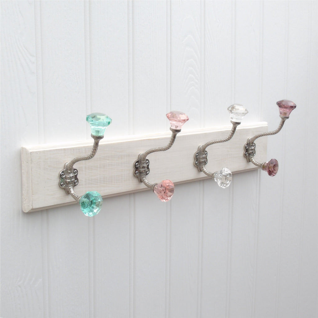 A Vintage Style Wooden Wall Storage Hook Rack with 4 multi-coloured Glass Hooks