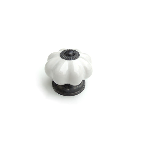 White Ceramic Chest Drawer / Kitchen Cabinet knob - Pumpkin shape